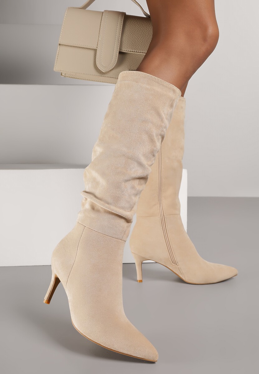 Czarne Marszczone Kozaki z Imitacji Zamszu na Obcasie Typu Szpilka Rilavira