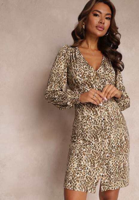 Beżowa Wzorzysta Sukienka Mini z Głębokim Dekoltem i Mankietami Leossa