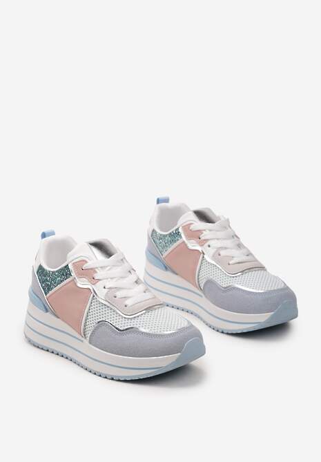 Niebieskie Sneakersy na Niskiej Platformie ze Wstawkami z Brokatu Quinnes