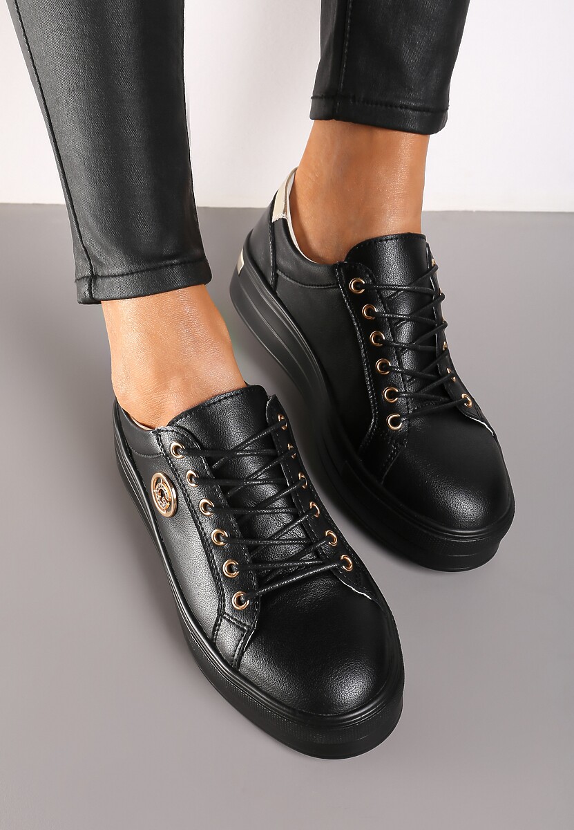 Czarne Skórzane Sneakersy Sznurowane na Niskiej Platformie z Cyrkoniami Dorianlle