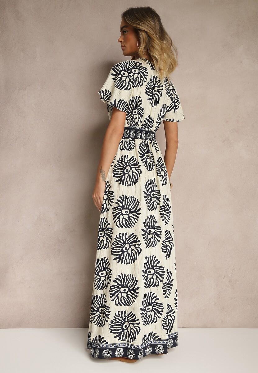 Niebieska Sukienka w Print Boho z Wiskozy Rozkloszowana z Dekoltem V Palarina