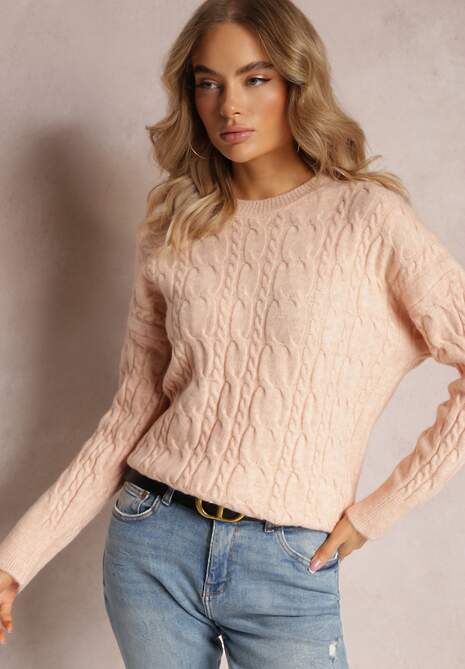 Jasnopomarańczowy Sweter z Okrągłym Dekoltem i Splotem w Warkocze Dawnitta