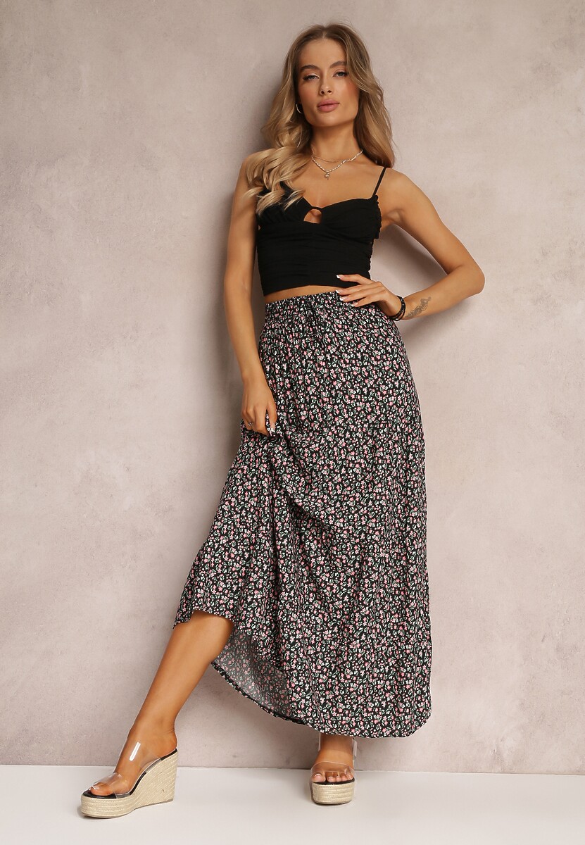 Czarna Spódnica Maxi Bawełniana w Kwiatowy Wzór Rayegan