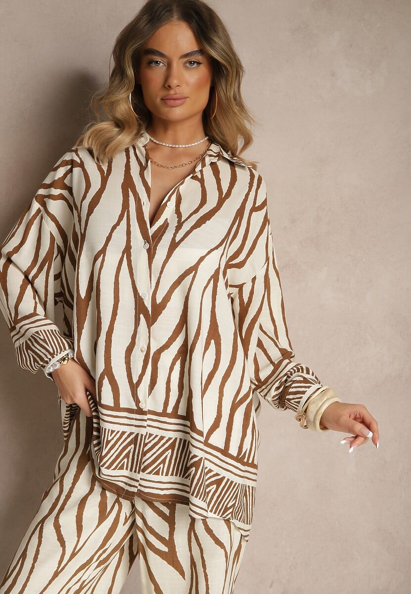 Beżowa Koszula z Wiskozy z Lnem w Geometryczny Wzór Sepilora