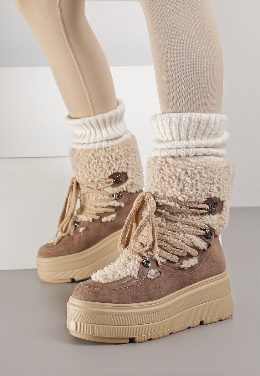 Beżowe Śniegowce na Grubej Podeszwie ze Sznurowaną Cholewką z Futerkiem Zerisa