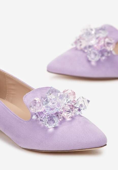 Fioletowe Mokasyny na Ozdobnym Obcasie z Kryształkami Monse