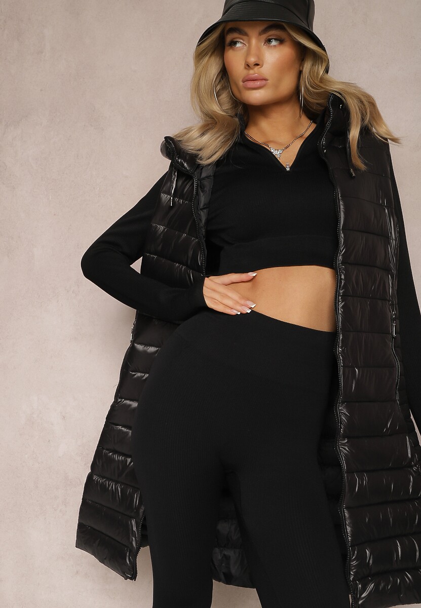 Czarna Pikowana Kamizelka o Długim Kroju z Kapturem Rienile