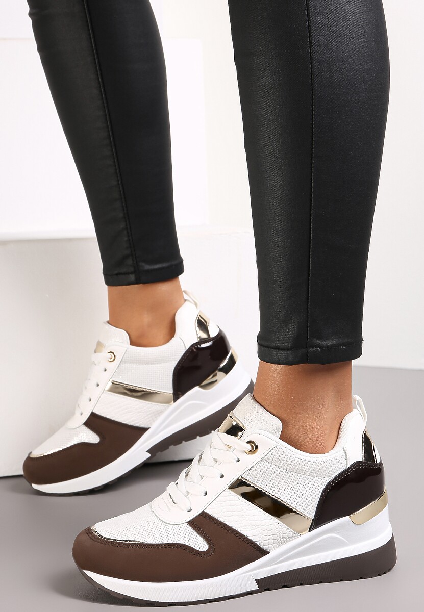 Biało-Brązowe Sznurowane Sneakersy z Ozdobnymi Wstawkami i Koturnem Zharo