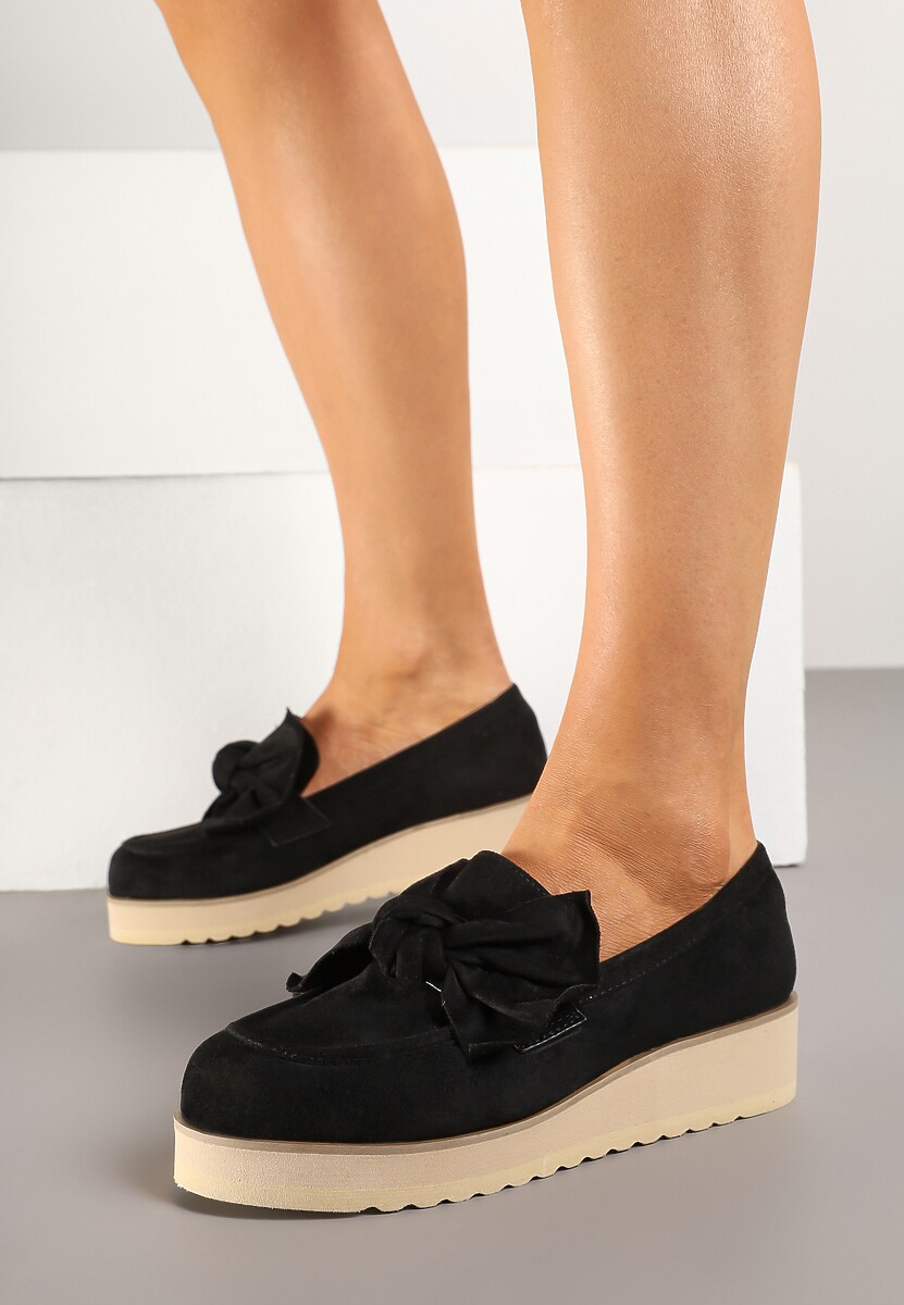 Czarne Mokasyny z Ekozamszu na Niskiej Platformie z Ozdobną Kokardą Nusalena