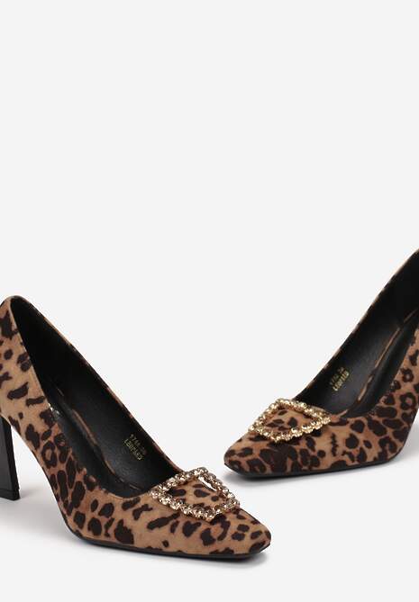 Brązowe Szpilki z Klamrą w Cyrkonie i Kwadratowym Noskiem Marilan