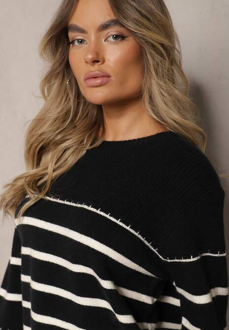 Czarno-Biały Sweter z Wiskozą z Elastycznego Materiału w Paski Nevenaia
