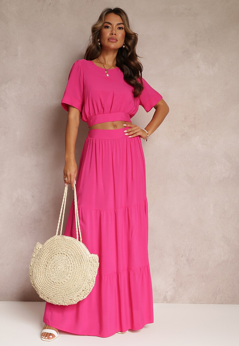 Fuksjowy Komplet z Wiskozy 2-Częściowy Top i Spódnica z Falbankami Jakki