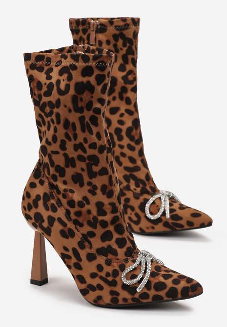 Brązowe Botki Skarpetkowe Ozdobione Kokardką z Cyrkoniami na Geometrycznej Szpilce Aife