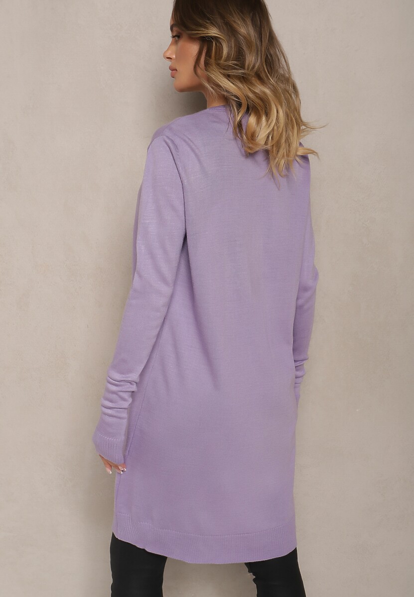 Fioletowy Kardigan Bez Zapięć o Prostym Kroju ze Wsuwanymi Kieszonkami Torinia