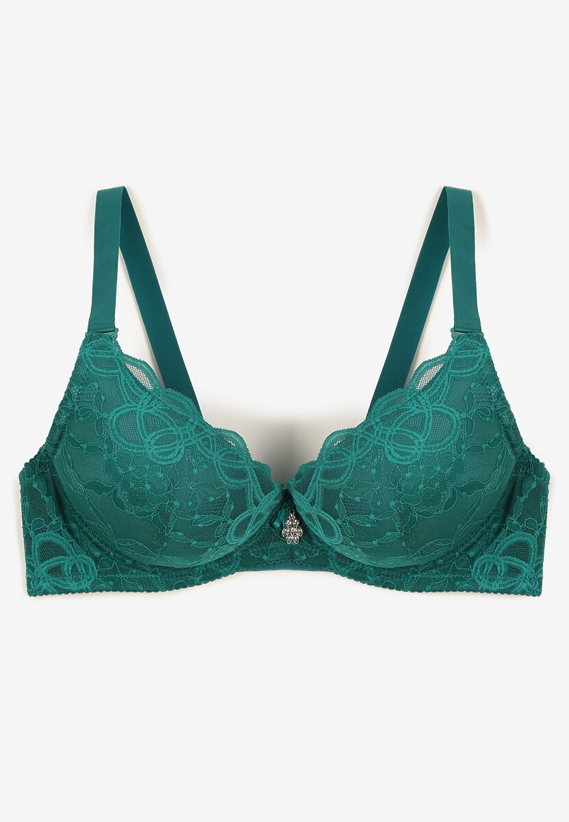 Zielony Koronkowy Biustonosz Typu  Push Up z Metaliczną Ozdobą Nelisea