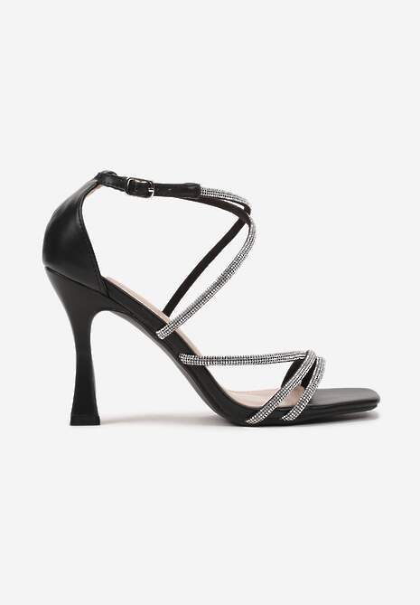 Czarne Sandały na Szpilce Ozdobione Cyrkoniami i Paskami Felidra