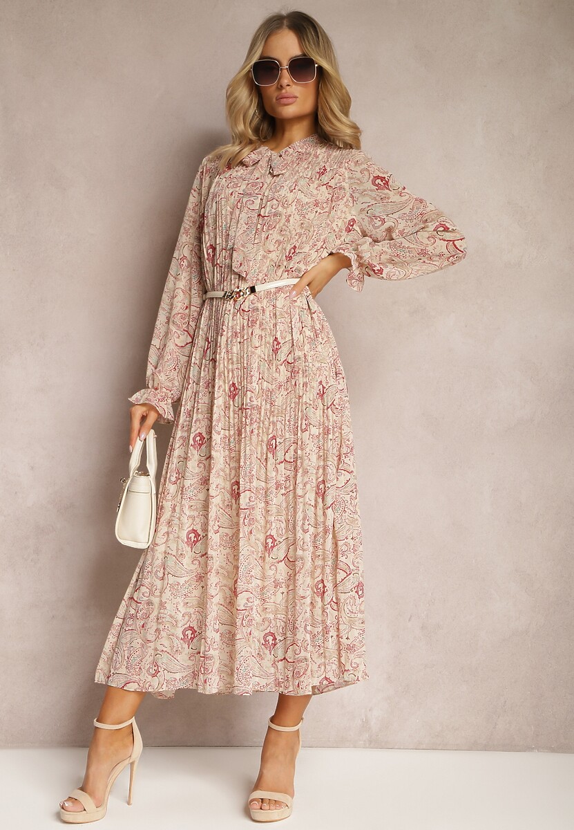 Jasnobeżowa Rozkloszowana Sukienka z Wiązaniem przy Szyi w Print Paisley Clarosa