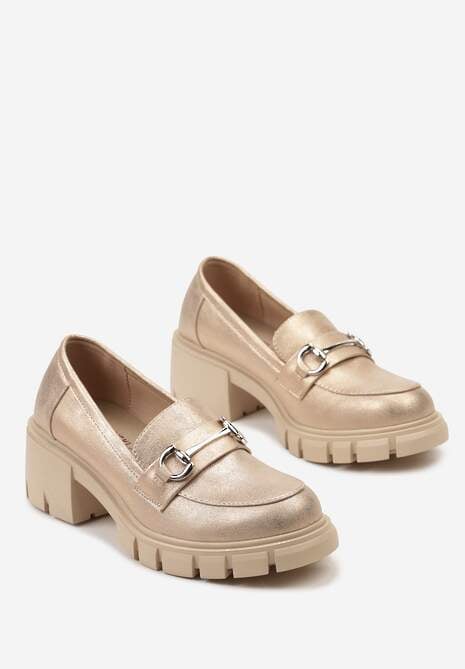 Różowe Półbuty na Słupku i Platformie w Stylu Mokasynów z Metalową i Skórzaną Wkładką Klamrą Volea