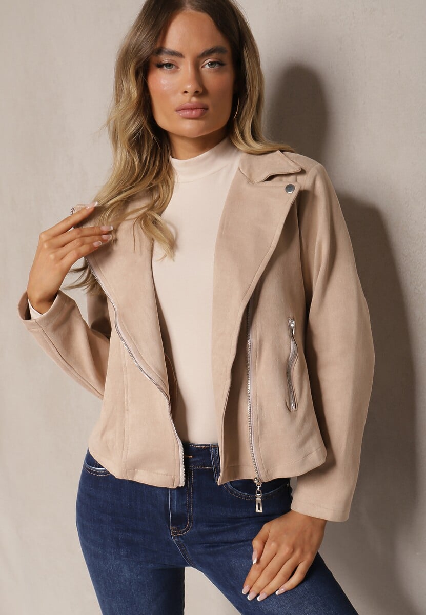 Jasnobeżowa Asymetryczna Kurtka Ramoneska  z Imitacji Zamszu Kmiya