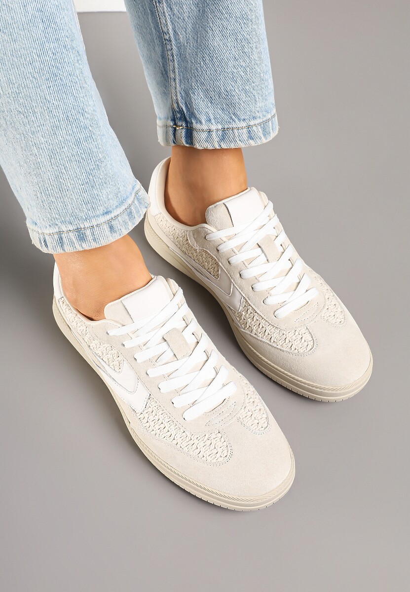 Jasnobeżowe Sneakersy ze Skóry Naturalnej w Stylu Kultowych Tenisówek Faloretia