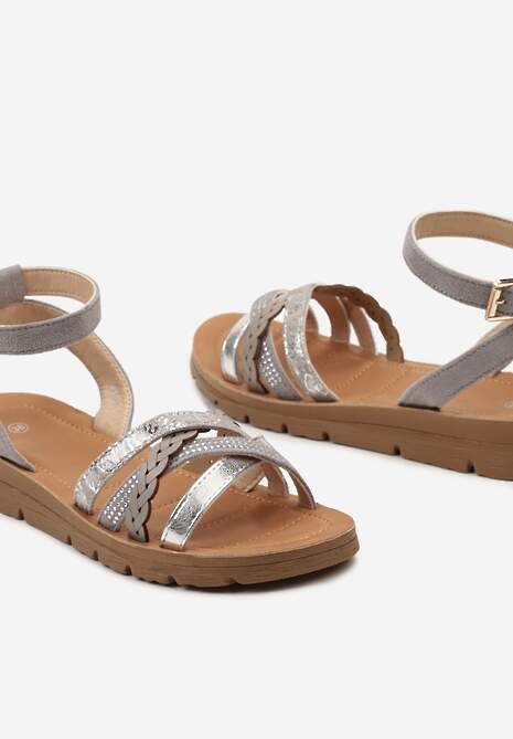 Srebrne Sandały Zapinane wokół Kostki na Grubej Podeszwie Tsulla