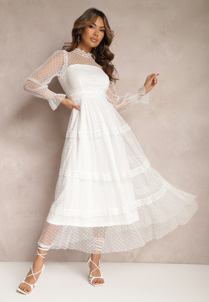 Biała Koronkowa Sukienka Rozkloszowana z Falbanką Faberlla