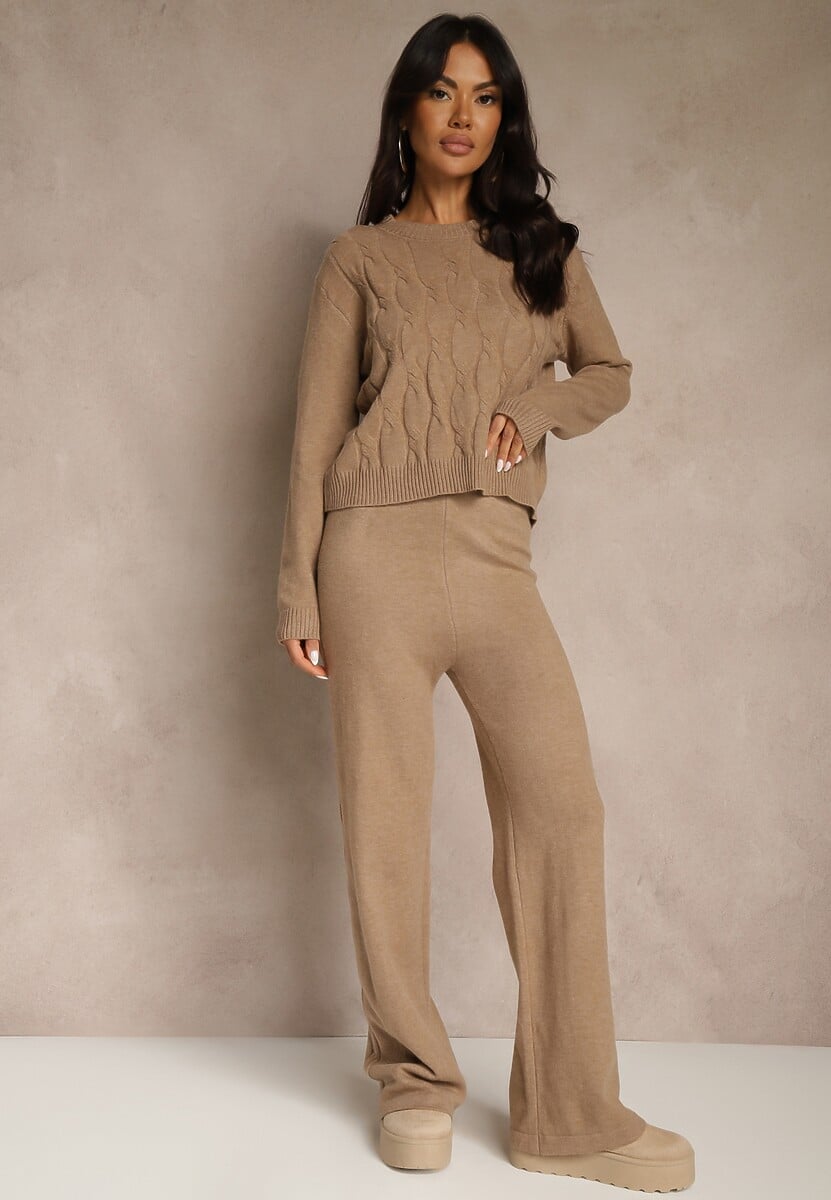 Szary Dzianinowy Komplet z Wełną Spodnie Wide Leg i Sweter Cropped Nezera