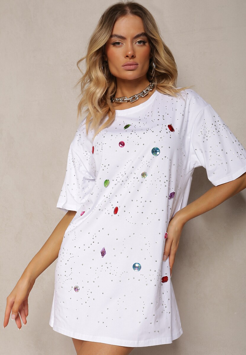 Biała Bawełniana Bluzka Prosta z Kryształkami i Cyrkoniami Leokka