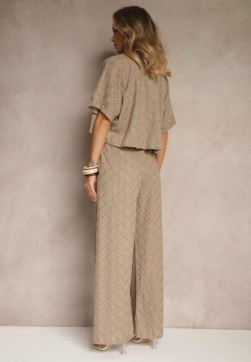 Jasnobrązowy Komplet o Ażurowym Wykończeniu Koszula i Długie Spodnie z Gumką w Pasie Bemvia