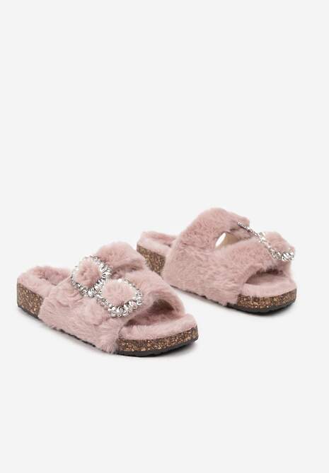 Różowe Kapcie na Płaskiej Podeszwie z Futerkiem Cyrkoniami i Klamrami z Regulacją Arvela