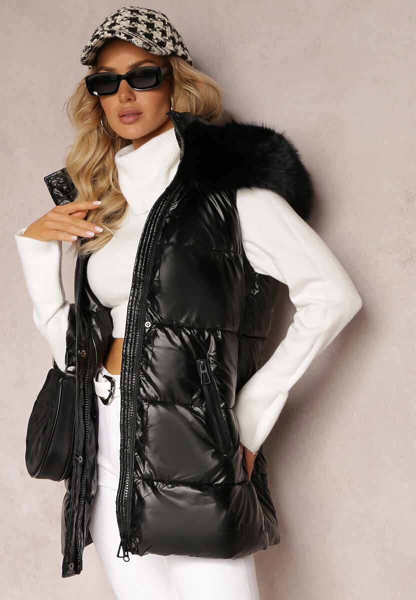 Czarna Pikowana Kamizelka z Kapturem i Ozdobnym Futerkiem Alephne