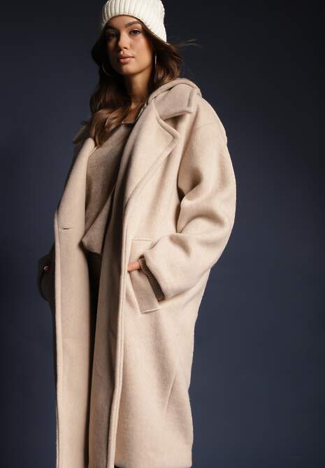 Jasnobeżowy  Dwurzędowy Płaszcz Oversize z Wełną Spolete