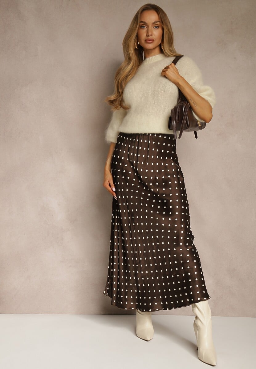 Brązowa Satynowa Spódnica z Wiskozy w Groszki o Rozkloszowanym Kroju Fediska