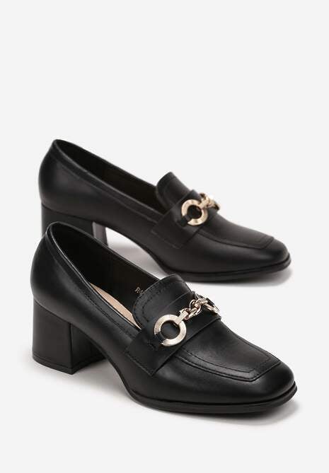 Czarne Mokasyny na Słupkowym Obcasie z Łańcuchem Farrin