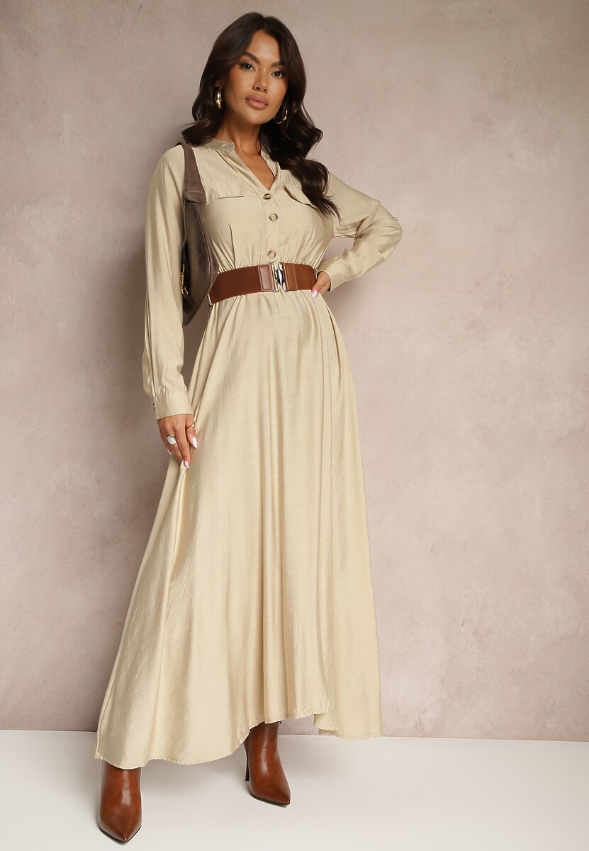 Beżowa Koszulowa Sukienka o Rozkloszowanym Kroju z Paskiem i Gumką Zinfretta