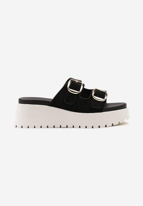 Czarne Klapki z Dwiema Sprzączkami na Koturnie i Niskiej Platformie Nrisa