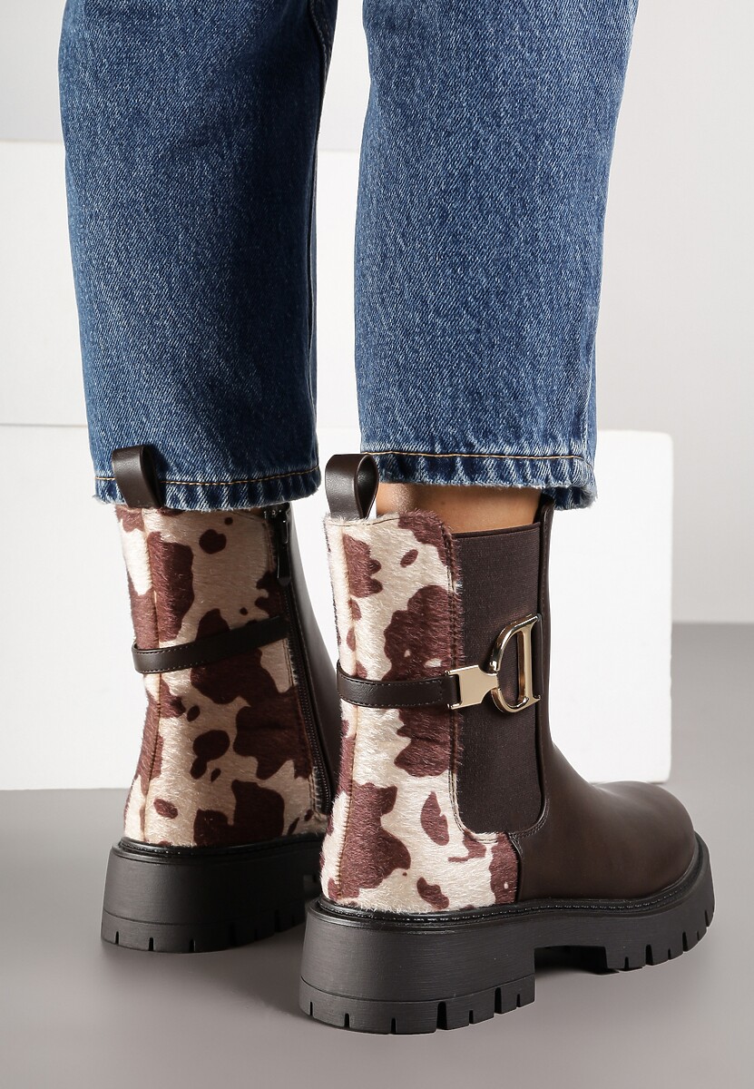 Brązowe Klasyczne Botki Sztyblety w Krowie Łaty Zdobione Metaliczną Aplikacją Laore