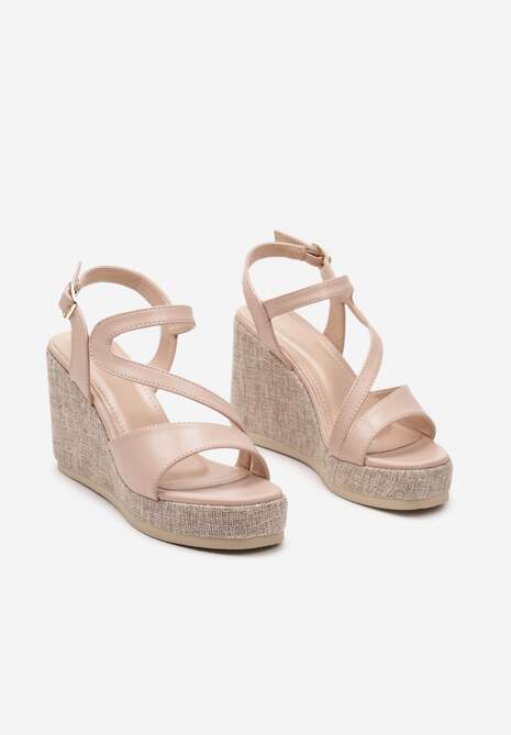 Beżowe Sandały z Ekoskóry na Koturnie Zapinane na Sprzączkę Moanis