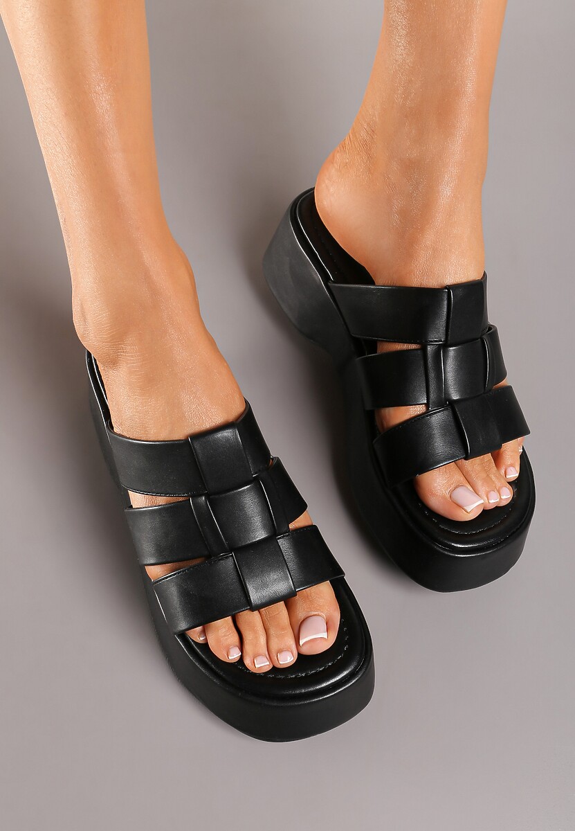 Czarne Płaskie Klapki z Ekoskóry na Grubej Podeszwie Menase