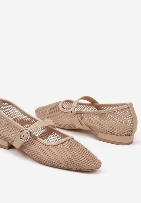 Ciemnobeżowe Czółenka w Stylu Balerinek na Niskim Słupku z Siateczki Zapinane na Pasek ze Sprzączką Elasiela