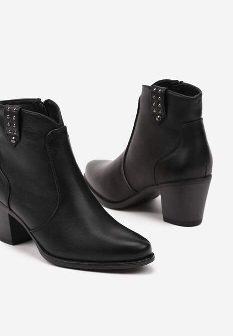 Czarne Botki na Słupku w Stylu Kowbojek z Ozdobnymi Napami Elzinna