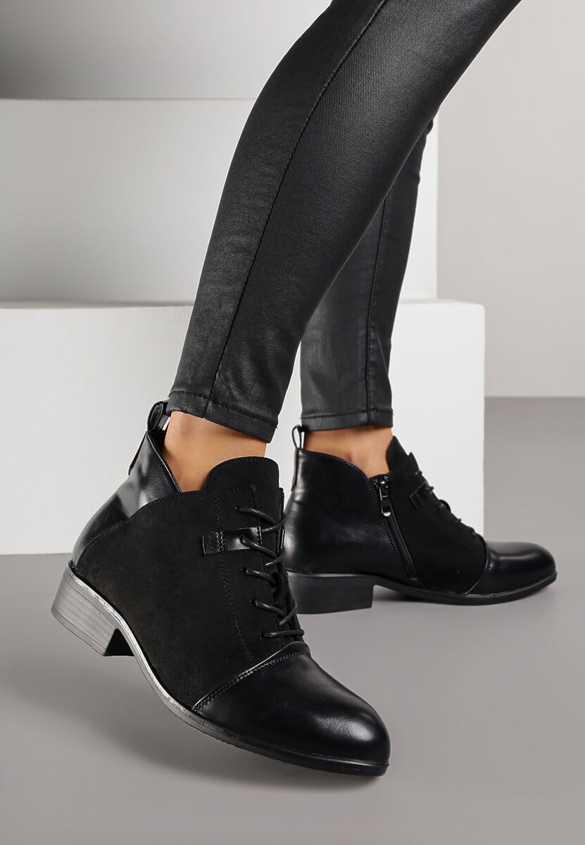 Brązowe Sznurowane Botki na Płaskiej Podeszwie Ozdobione Rivianne