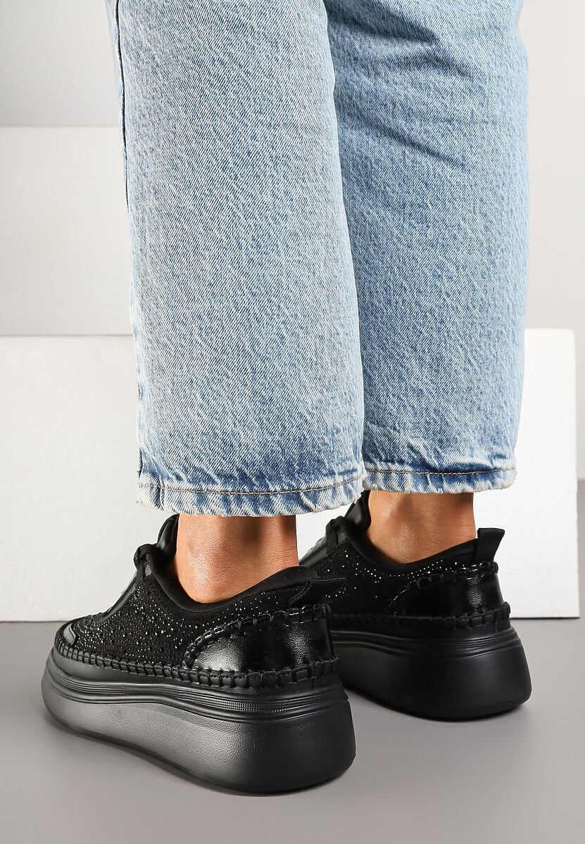 Czarne Sneakersy na Platformie z Wkładką ze Skóry Naturalnej z Cyrkoniami Arvisne