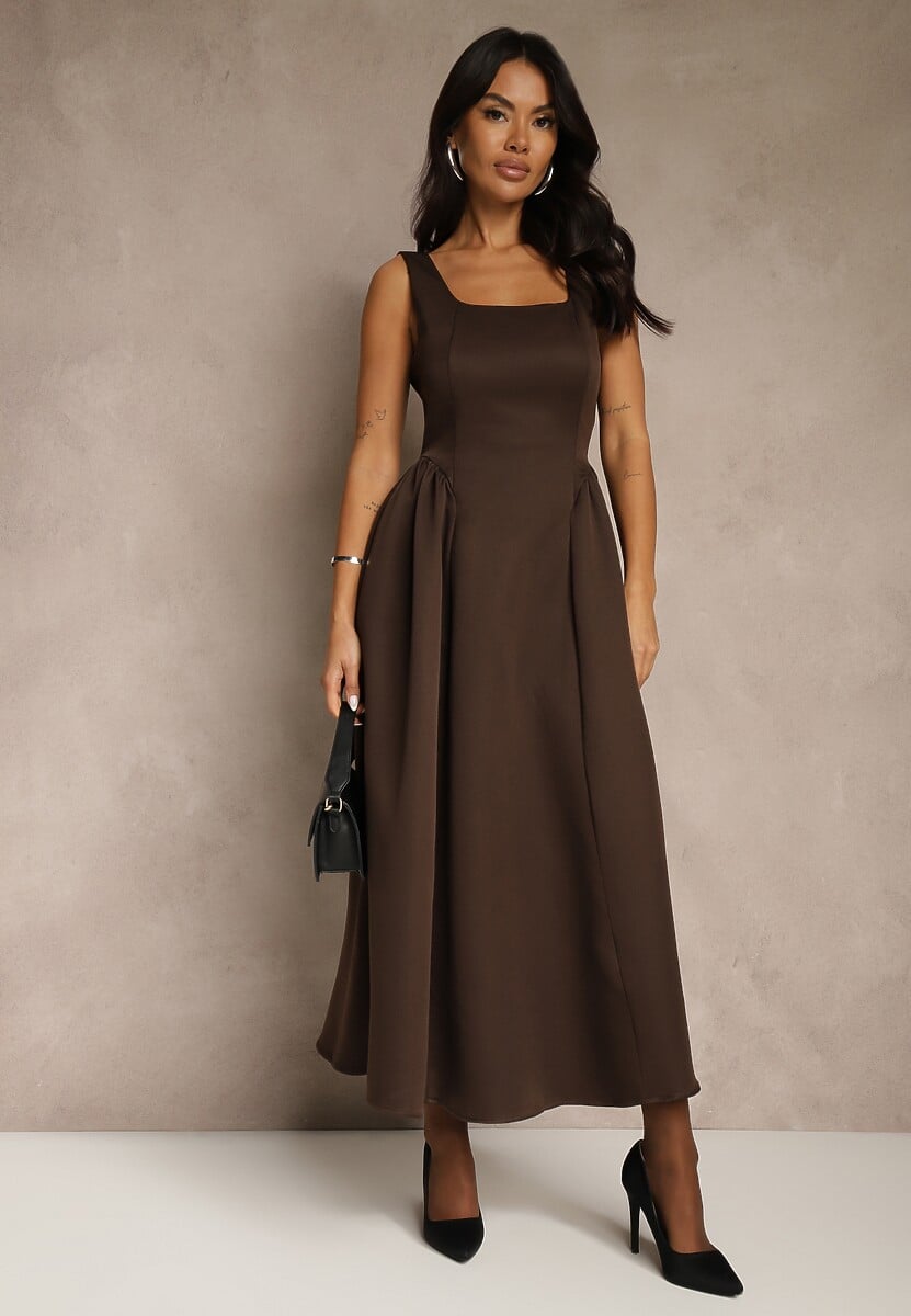Brązowa Sukienka o Rozkloszowanym Kroju na Szerokich Ramiączkach Retelina