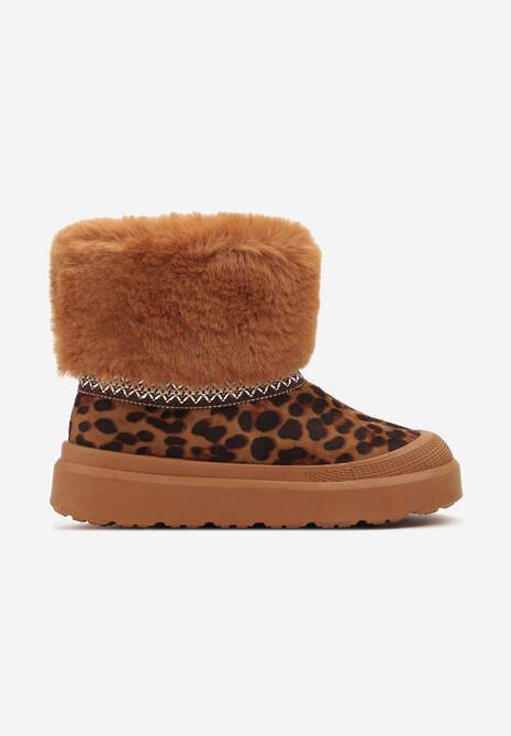 Brązowe Śniegowce na Płaskiej Podeszwie Ozdobione Futerkiem Haftem i Wzorem w Panterkę Lannetea