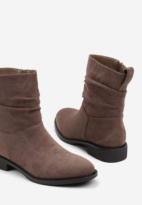 Ciemnobeżowe Botki z Marszczoną Cholewką do Kostki Ilomira