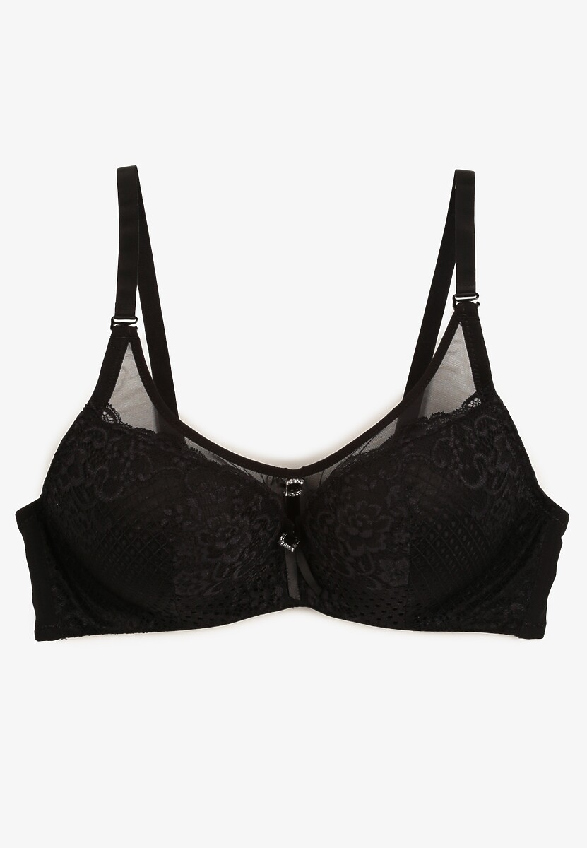 Czarny Biustonosz Push-Up z Koronki Ozdobiony Metalową Aplikacją Arissta