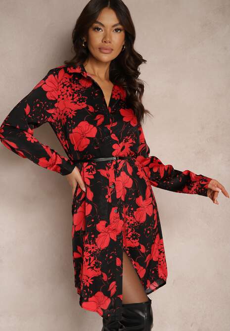 Czarno-Czerwona Wzorzysta Sukienka z Wiskozą o Koszulowym Kroju z Paskiem Ninnoria