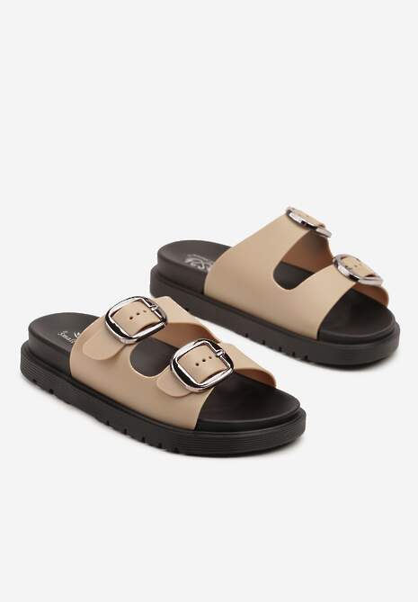 Ciemnobeżowe Klapki Ozdobione Klamrami Nusarria