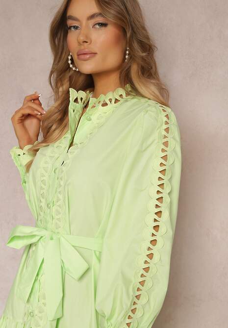 Jasnozielona Sukienka Midi z Ażurowymi Wstawkami i Wiązanym Paskiem Hudo